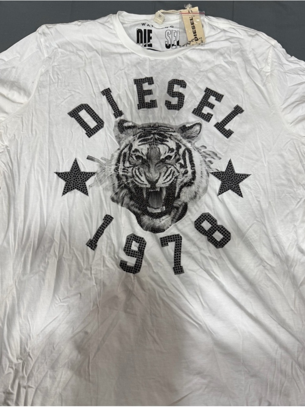 Diesel White Tee with Black Tiger Graphic and 1978 Numeric Print